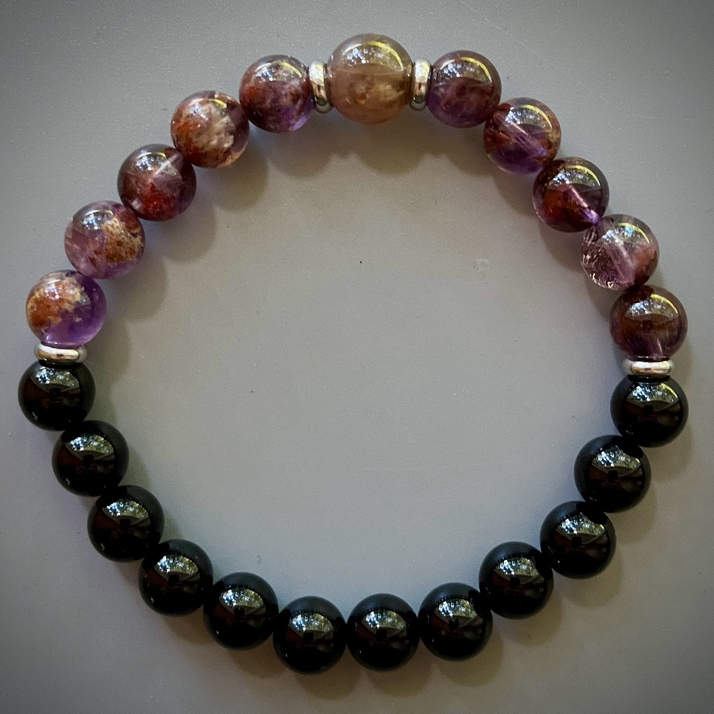 Amethyst Super 7 and Black Onyx Handcrafted Bead Bracelet